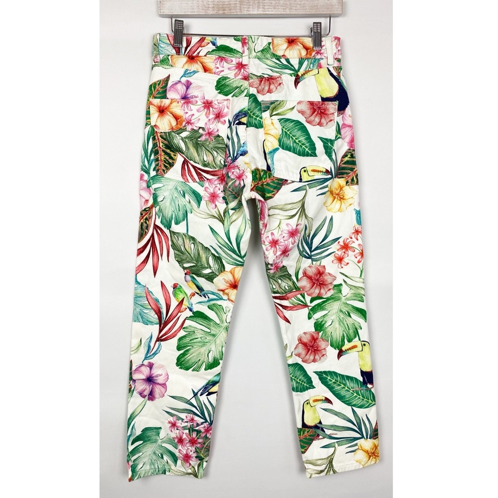 Zara Womens Pants 4 White Tropical Coastal Print Denim Straight Leg Crop Jeans - Picture 7 of 11